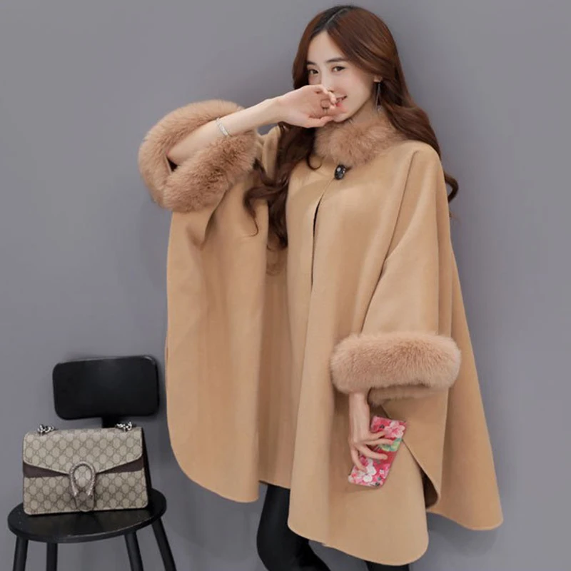 High Quality Elegant Women Cloak Shawl Jacket Plus Size Women Fox Fur Collar Long Woollen Overcoat Female Winter Outwear
High Quality Elegant Women Cloak Shawl Jacket Plus Size Women Fox Fur Collar Long Woollen Overcoat Female Winter Outwear