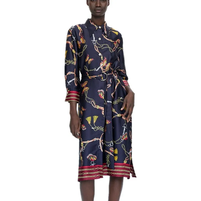 Brand Designer Chains Print 100% Real Silk Shirt Dress 2019 Spring Summer Women Sashes Chic Wrap Long Dress vestidos de seda
Brand Designer Chains Print 100% Real Silk Shirt Dress 2019 Spring Summer Women Sashes Chic Wrap Long Dress vestidos de seda