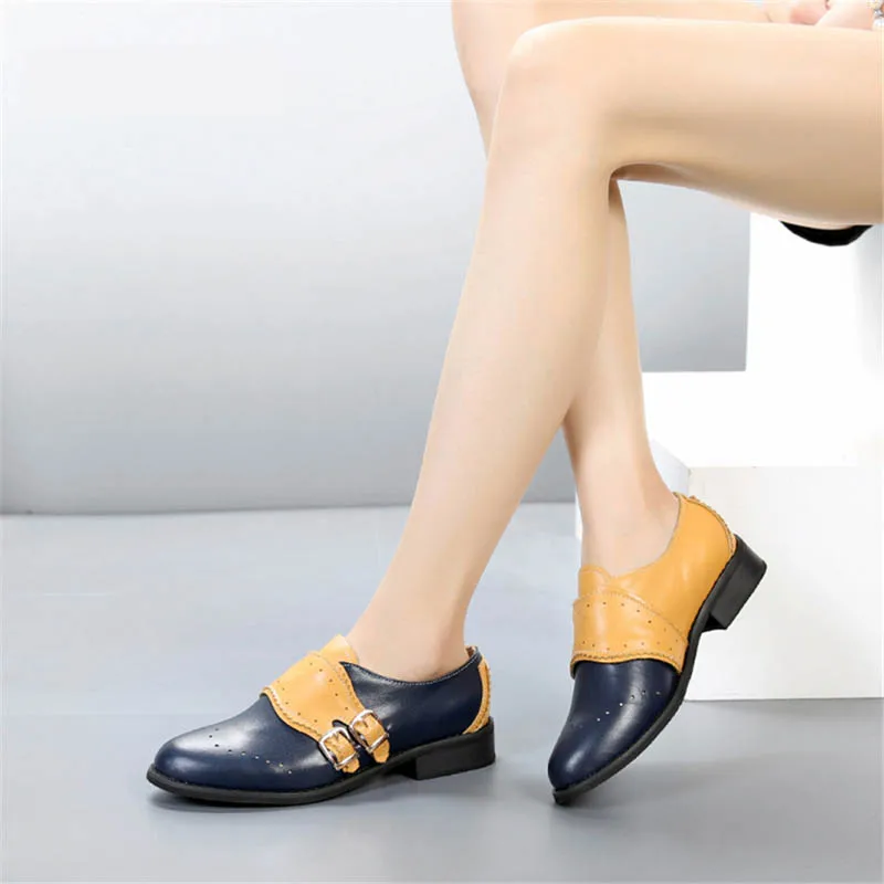 Genuine Leather Women Oxfords Flats Handmade Slip On Double Buckle Flat Loafers Shoes For Women Plus Size 44 Brogues Shoes Woman (4)