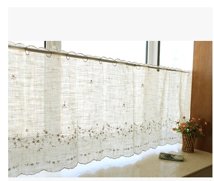 Image Durable curtain American country style cotton and linen embroidered coffee flower kitchen curtain Semi shade coffee curtain