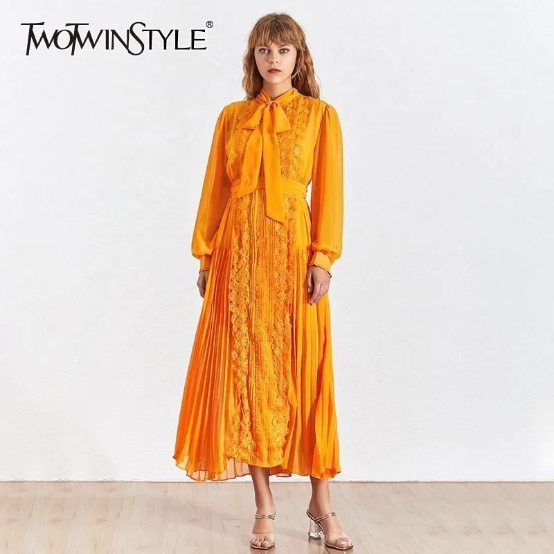 TWOTWINSTYLE Elegant Lace Patchwork Women Dress Bowknot Collar Long Sleevehigh Waist Slim Midi Pleated Dresses Female Summer
TWOTWINSTYLE Elegant Lace Patchwork Women Dress Bowknot Collar Long Sleevehigh Waist Slim Midi Pleated Dresses Female Summer