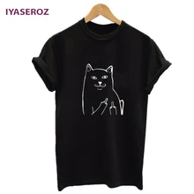 IYASEROZ Harajuku Style Middle Finger Pocket Cat T Shirt Funny Graphic Print Tee Shirts Go Away Short Sleeve Hispter Tops Tees