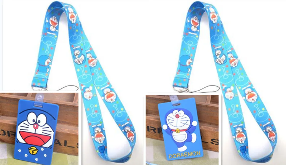 cartoon 1 pcs anime Doraemon blue cats Card Holder Identity Badge with Lanyard Neck Strap Bus ID Holders With Key Chain | Украшения и