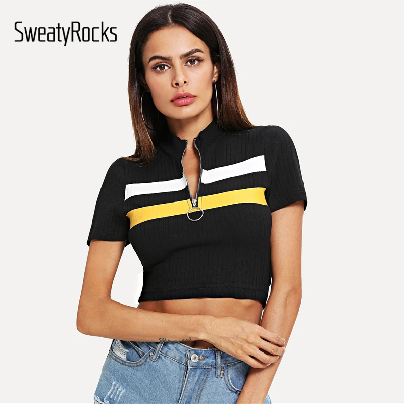 SweatyRocks O-Ring Zip Half Placket Rib Knit Crop Tee Multicolor Short Sleeve High Neck T-shirt Women Summer Slim Fit Tops
SweatyRocks O-Ring Zip Half Placket Rib Knit Crop Tee Multicolor Short Sleeve High Neck T-shirt Women Summer Slim Fit Tops