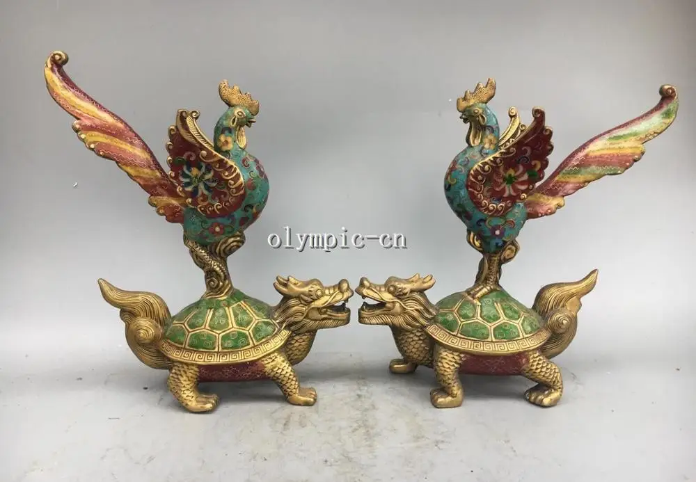 Pair 13''Bronze cloisonne Home Fengshui auspicious Bird Phoenix on Dragon Turtle
Pair 13''Bronze cloisonne Home Fengshui auspicious Bird Phoenix on Dragon Turtle