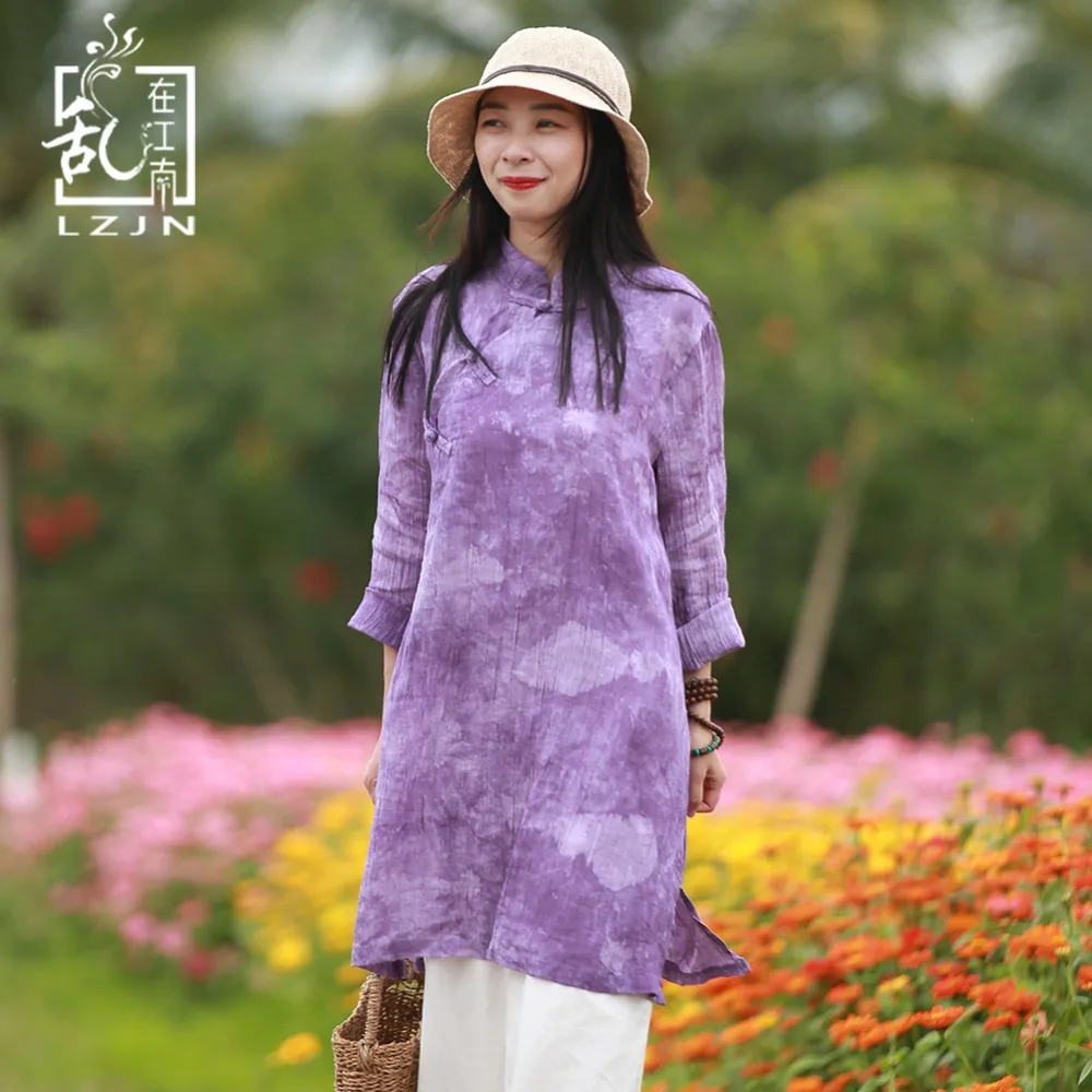 

LZJN Original Nine Quarter Sleeve Ladies Blouse 2019 Spring Summer Long Tunic Shirt Purple Chinese Top Mori Girl Women Blouses