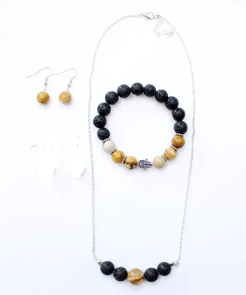 New design 10mm Black Lava stone Beads hamsa hand beads bracelet & necklace & earring jewelry sets 
New design 10mm Black Lava stone Beads hamsa hand beads bracelet & necklace & earring jewelry sets