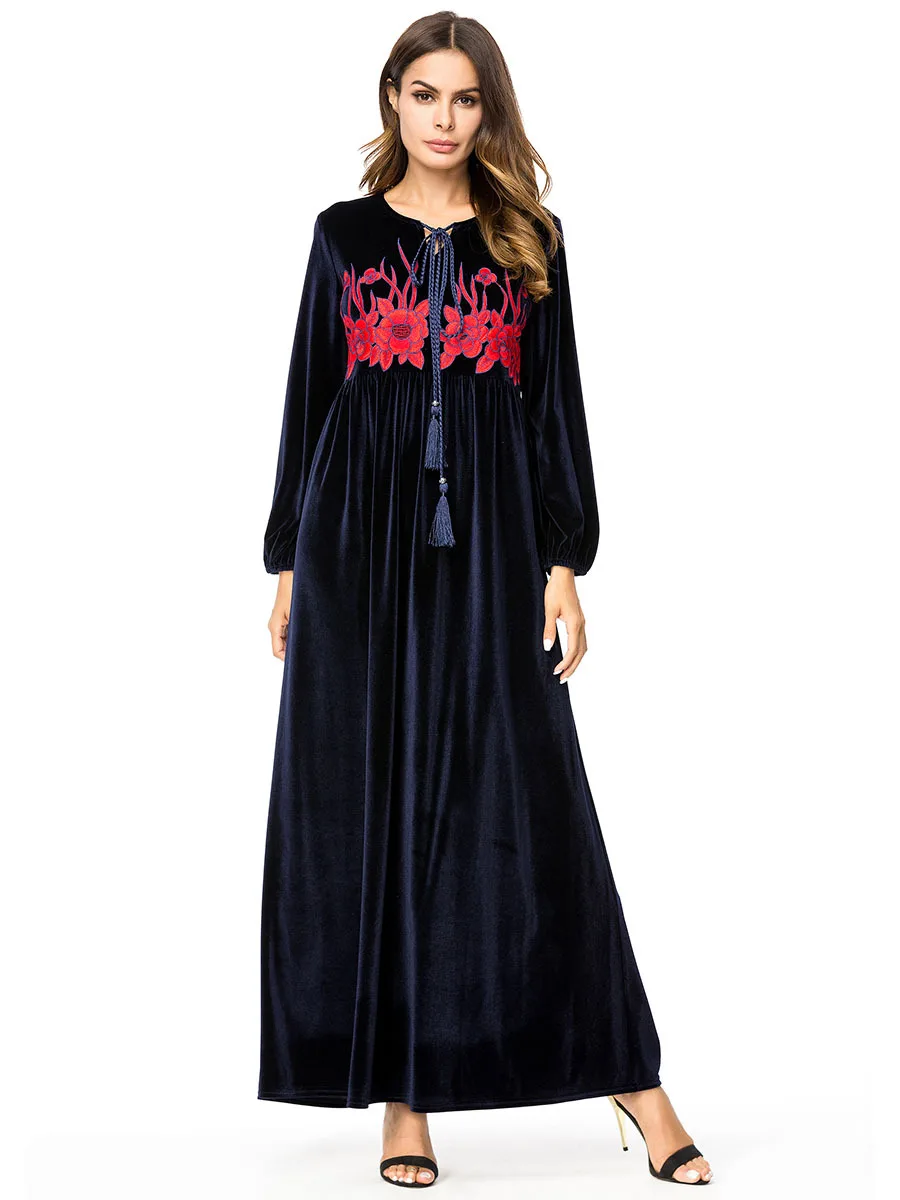 2021 2018 Velour Muslim Abaya Dress Embroidery Velvet Kaftan Autumn