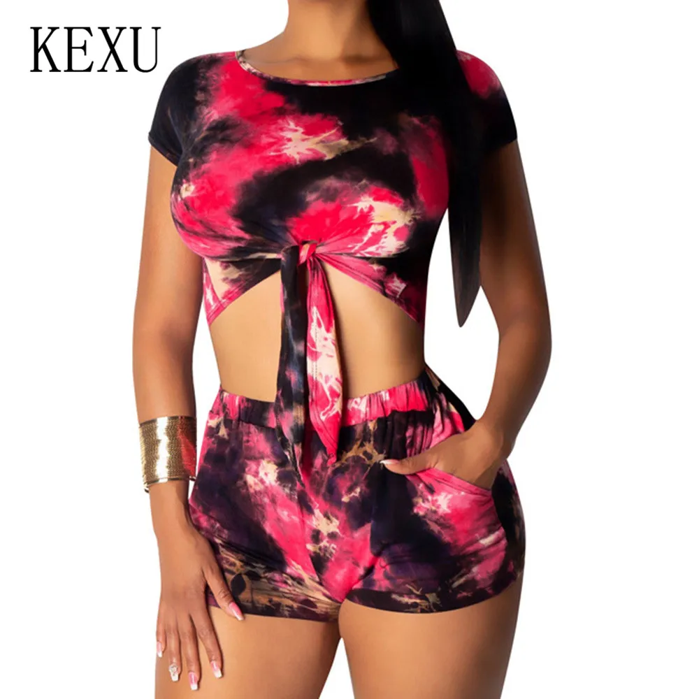 KEXU Tie-dye Printed Two Pieces Sets O-neck Short Sleeve Lace-up Top and Pocket Pants Summer Casual Playsuits Women Robe Femme
KEXU Tie-dye Printed Two Pieces Sets O-neck Short Sleeve Lace-up Top and Pocket Pants Summer Casual Playsuits Women Robe Femme