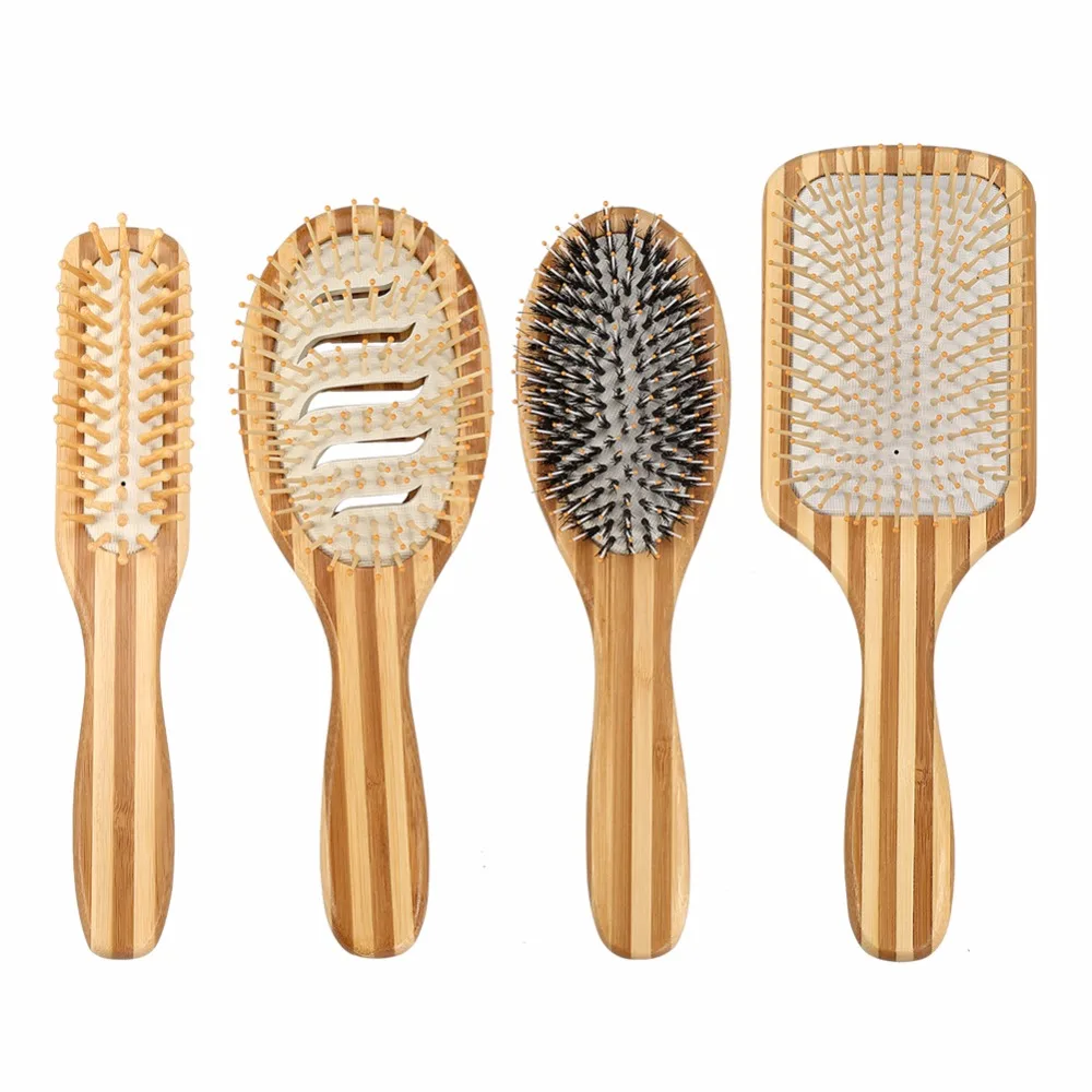 

Natural Bamboo Scalp Massage Hair Care Anti-Static Paddle Handle Detangling Hair Brush Cushion Comb Hairdressing Styling Tools