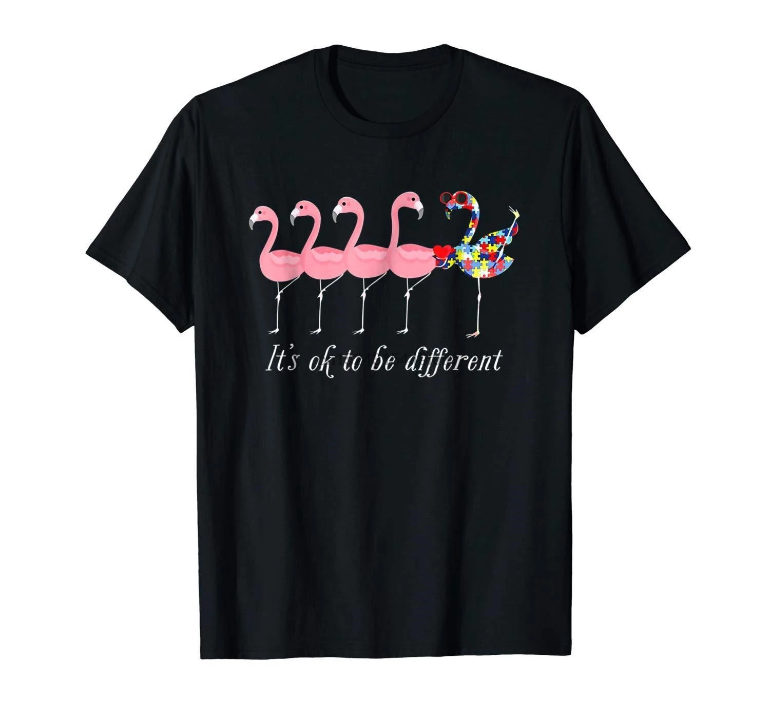 Its Ok To Be Different Autism Flamingo Funny Black T-shirt S-3XL