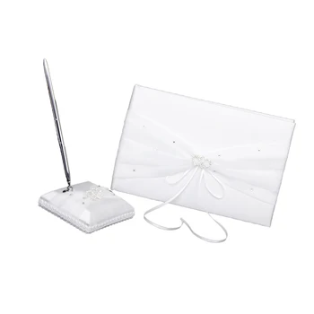 White Double Heart Rhinestone Embellished Satin Wedding Guest Book Pen Stand Set for Wedding Bridal - 24.5x 16cm
White Double Heart Rhinestone Embellished Satin Wedding Guest Book Pen Stand Set for Wedding Bridal - 24.5x 16cm