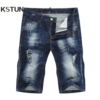 

KSTUN Summer Mens Shorts Jeans Man Distressed Painting Frayed Biker Jeans Hollow Out Stretch Blue Denim Pants Short Male Jean