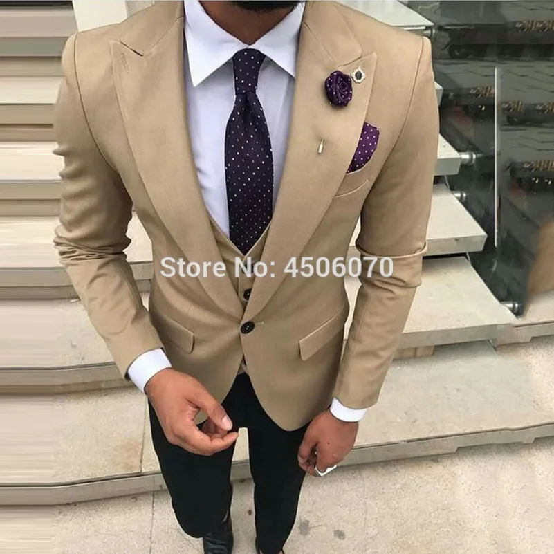 

Champagne Mens Suits Slim Fit Wedding Tuxedos Formal Bridegroom Suits Groom Wear Notched Lapel Costume Homme Jacket Pants Vest