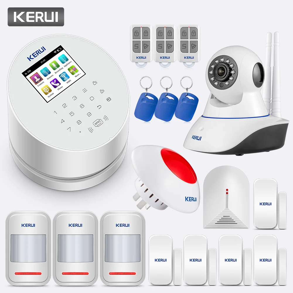 

KERUI APP Control Wireless Home Security WiFi GSM PSTN Alarm System with Indoor 720P HD Camera Glass Break Detector Alarm System