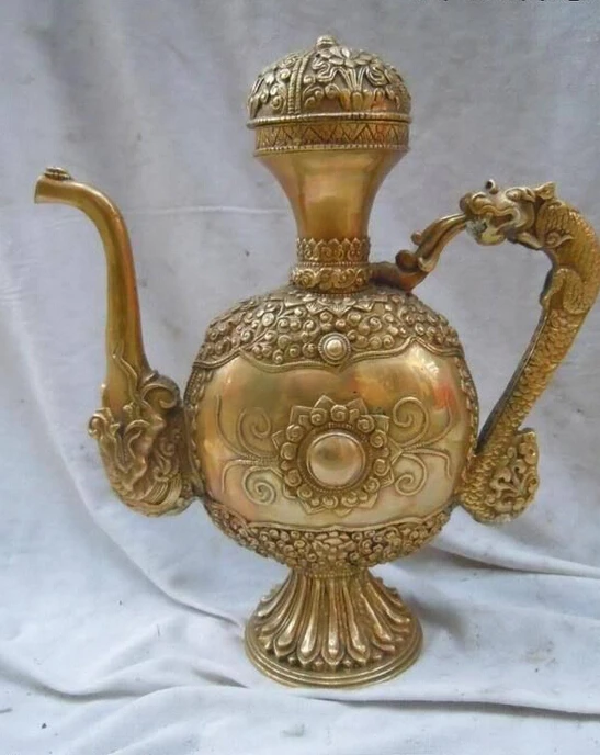 Chinese brass carved beautiful flower pattern dragon decanter sculpture statue