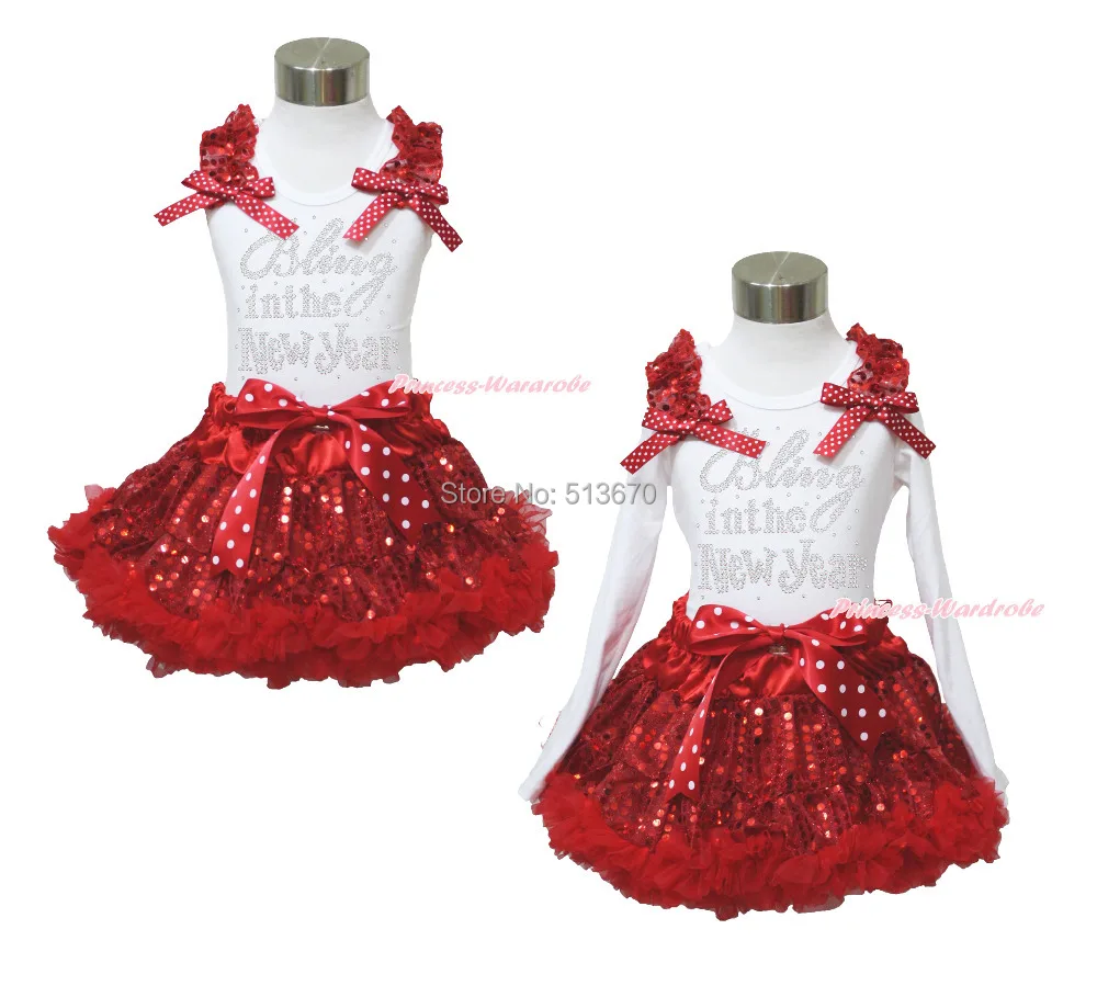 

XMAS Rhinestone Bling in the New Year Print White Top Sparkle Sequins Red Pettiskirt Girl Outfit 1-8Y MAPSA0099