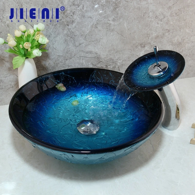 

JIENI Hand Paint Blue Tempered Glass Basin Sink Washbasin Faucet Set Bathroom Counter top Washroom Vessel Vanity Sink Mixer