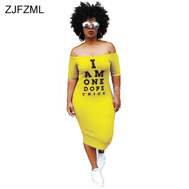 

ZJFZML Off Shoulder Sexy T Shirt Dress Women Letter Print Slash Neck Bandage Dress Summer Short Sleeve Backless Mid-Calf Dress