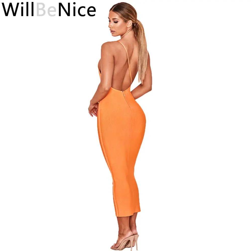 Женское платье с одним плечом WillBeNice оранжевое Бандажное платье-миди открытой