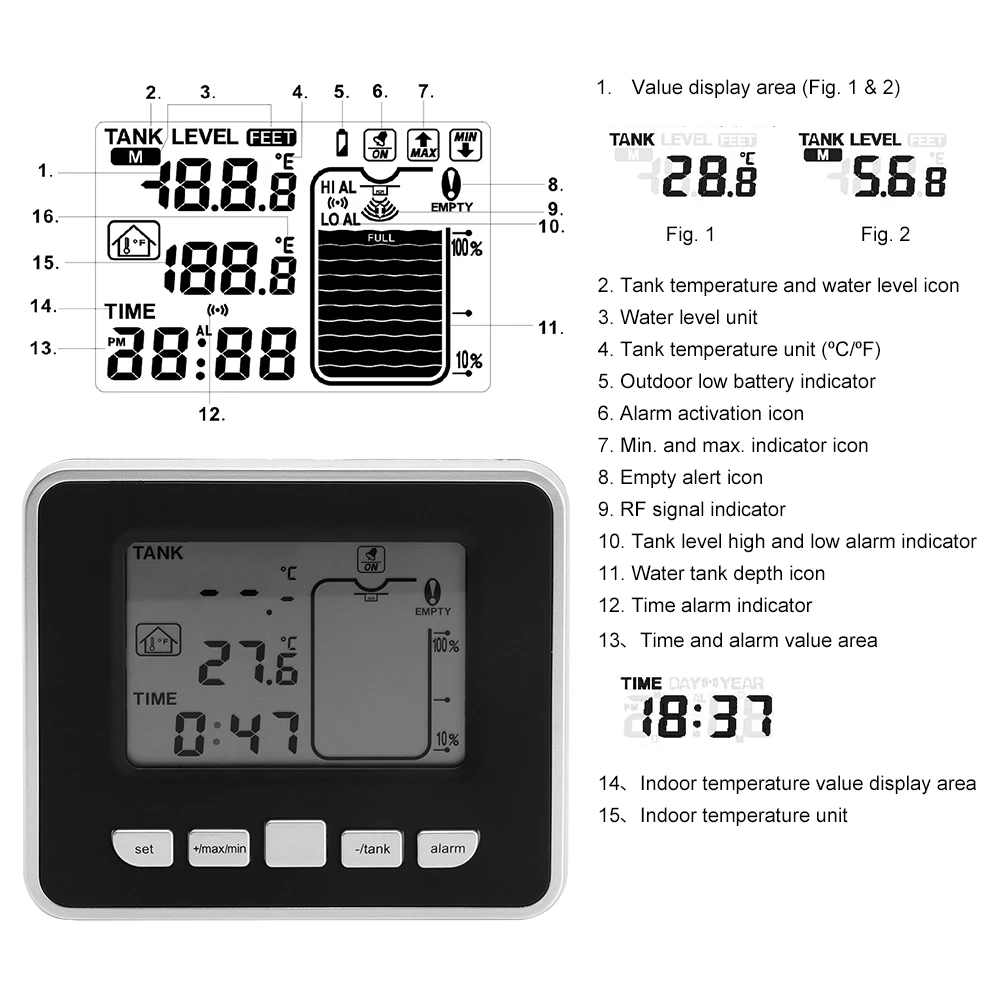 Ultrasonic Wireless Water Tank Level Meter Sensor With Temperature Time Display Alarm Liquid Depth Level Gauge Measuring Tool Ultrasonic Wireless Water Tank Level Meter Sensor With Temperature Time Display Alarm Liquid Depth Level Gauge Measuring Tool