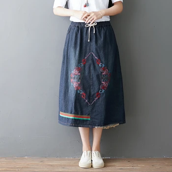 Harajuku Vintage Retro Ethnic Hippie Embroidery Floral Cowboy Denim Blue Cotton Elastic Waist Pocket Skirts Women Spring Skirt
Harajuku Vintage Retro Ethnic Hippie Embroidery Floral Cowboy Denim Blue Cotton Elastic Waist Pocket Skirts Women Spring Skirt