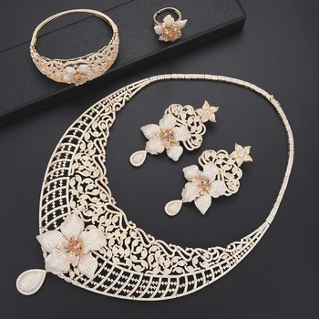 Luxury Blossom Drop Hollow Wedding Dubai Jewelry Sets CZ Nigerian African Wedding Necklace Earrings Bracelet Ring Jewelry Set
Luxury Blossom Drop Hollow Wedding Dubai Jewelry Sets CZ Nigerian African Wedding Necklace Earrings Bracelet Ring Jewelry Set