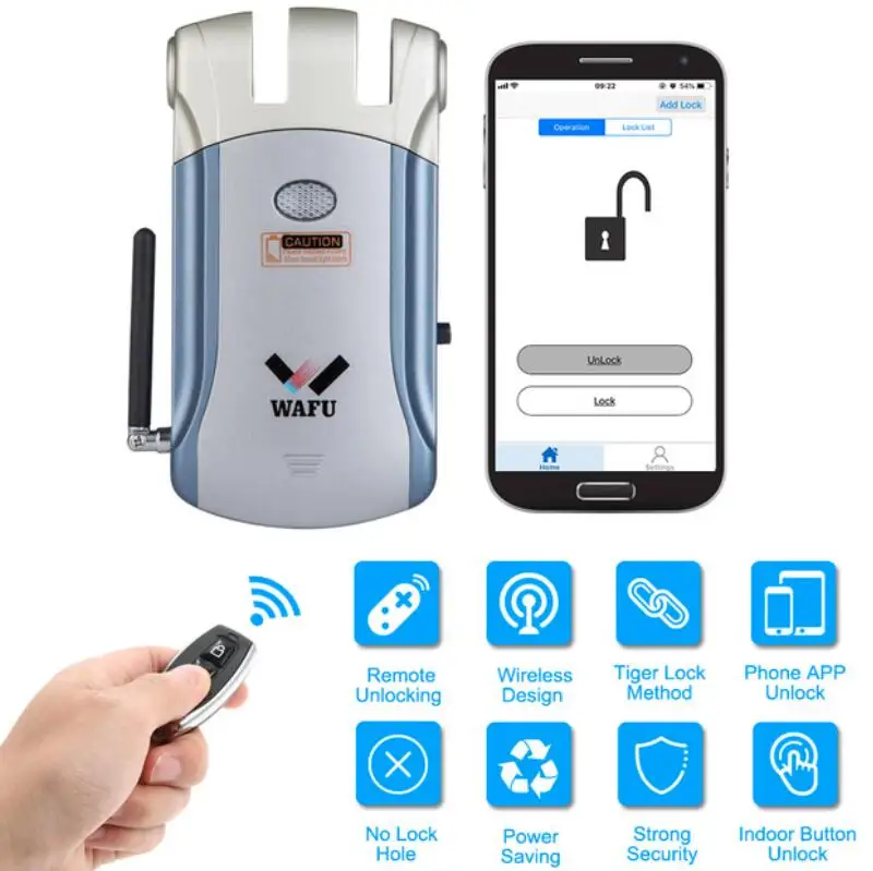 Wafu Keyless Entry Electronic Remote Door Lock Wireless iOS Android APP Unlocking Invisible Intelligent Lock With 4 Remote Keys
Wafu Keyless Entry Electronic Remote Door Lock Wireless iOS Android APP Unlocking Invisible Intelligent Lock With 4 Remote Keys