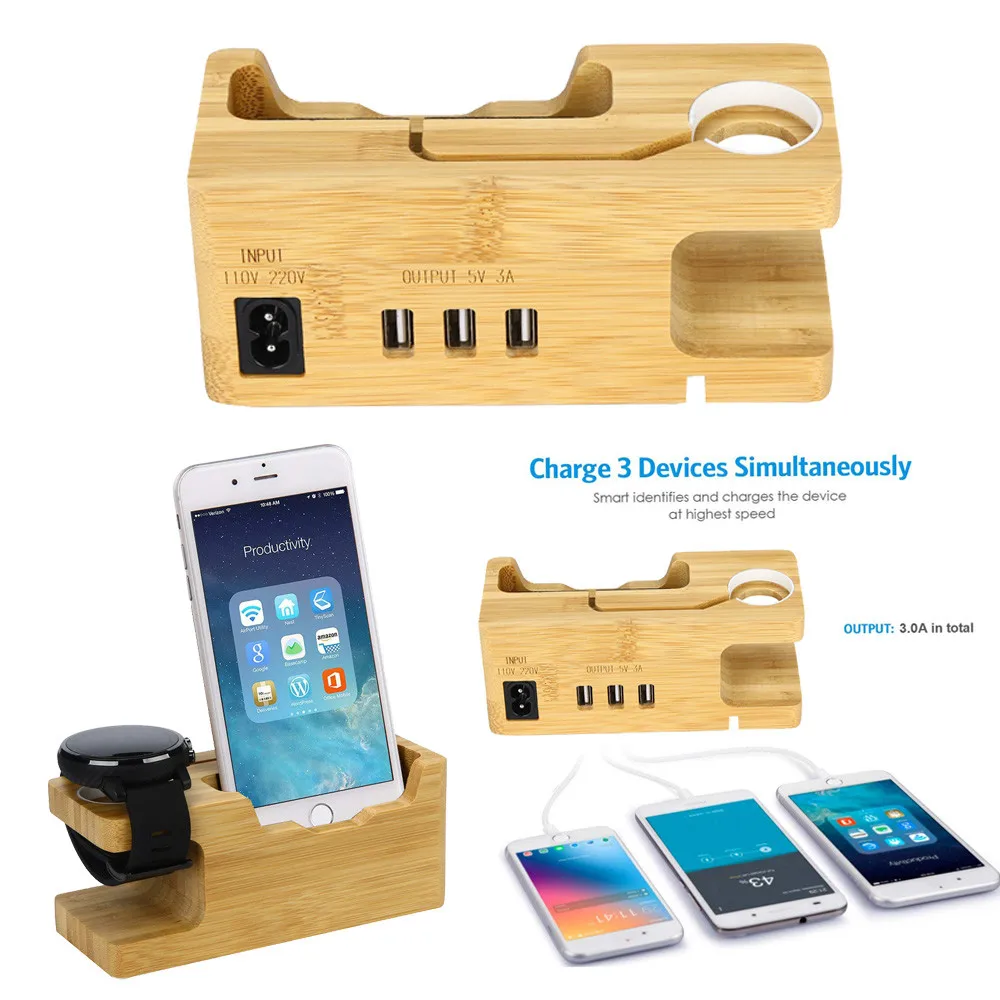 

Wooden Charging Station 3-Port Bamboo Docking Rack And Cord Organizer Holder For iWatch And Smartphone J.25