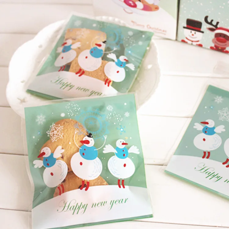 

Free shipping green snowman Christmas cookie bag plastic self adhesive bags biscuit candy packing bag gift decoration favors