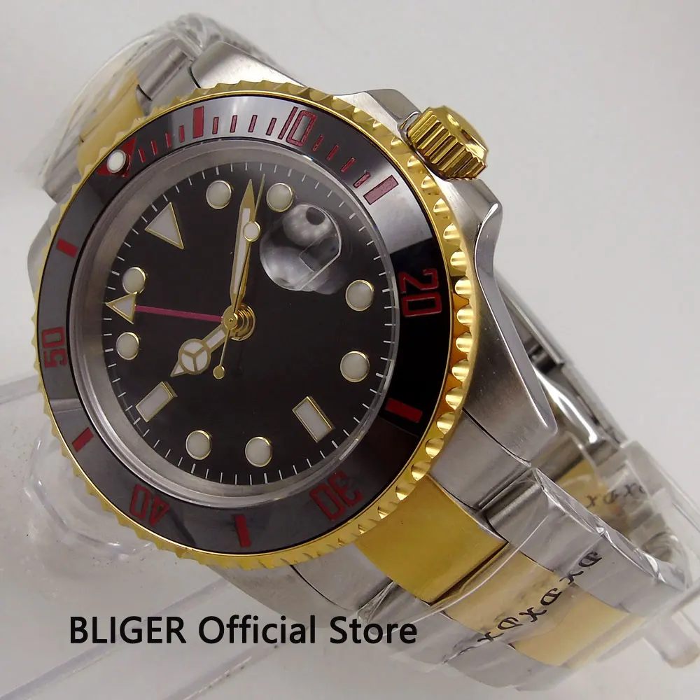 BLIGER 40mm Black Sterile Dial Golden Plated Black Ceramic Bezel GMT Function Luminous Marks Automatic Movement Men's Watch B269
BLIGER 40mm Black Sterile Dial Golden Plated Black Ceramic Bezel GMT Function Luminous Marks Automatic Movement Men's Watch B269
