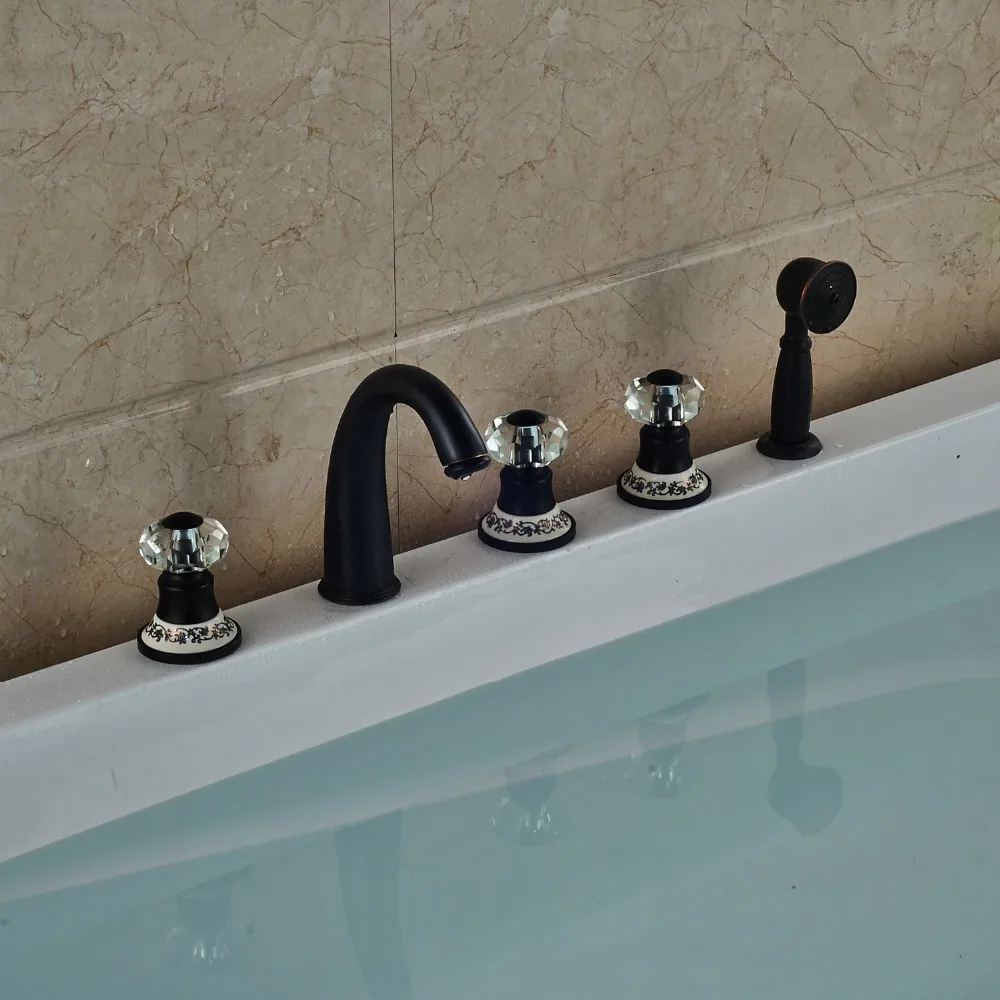 

Deck Mounted Widespread Bathtub Faucet 3 Crystal Handles Mixer Tap With Hand Shower Oil Rubbed Bronze