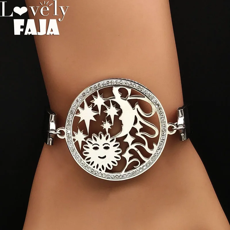 2019 Crystal Stainless Steel Bracelets for Women Sun Moon Stars Silver Color Leather Bracelet Jewelry bracelet cuir homme B18084
2019 Crystal Stainless Steel Bracelets for Women Sun Moon Stars Silver Color Leather Bracelet Jewelry bracelet cuir homme B18084