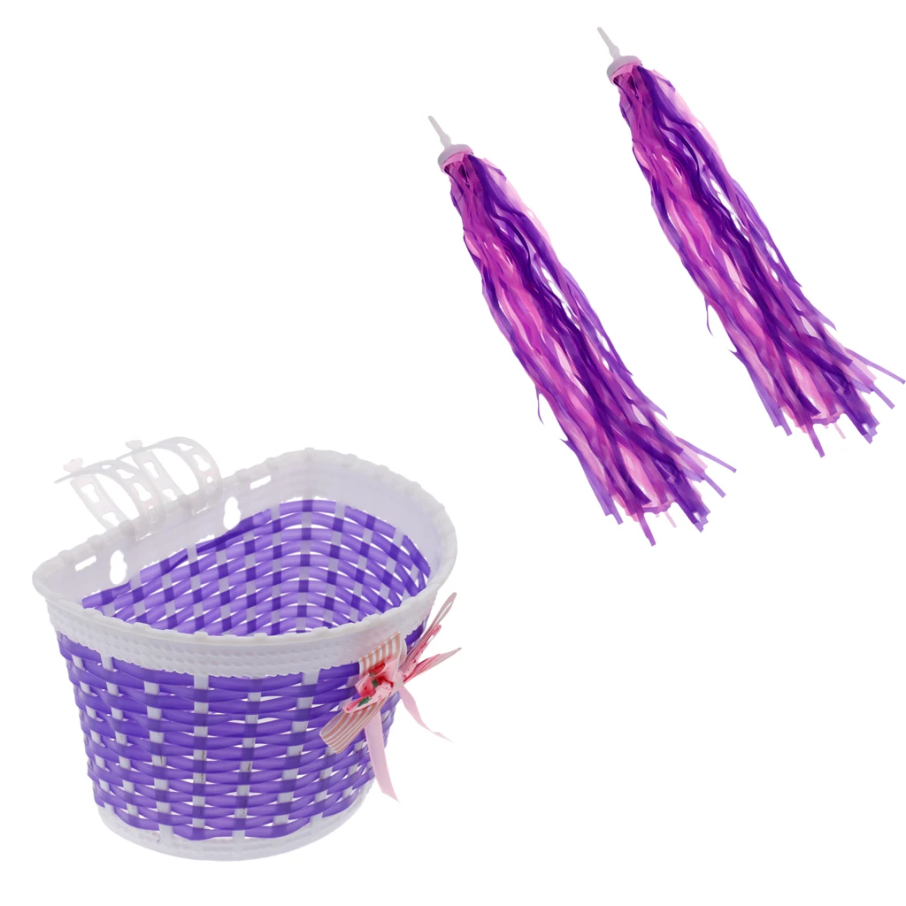 Nylon Fiber Children Kids Bicycle Front Basket+Handlebar Grip Tassels Streamers Purple for Kids’ Bicycles Tricycles Scooters Nylon Fiber Children Kids Bicycle Front Basket+Handlebar Grip Tassels Streamers Purple for Kids’ Bicycles Tricycles Scooters