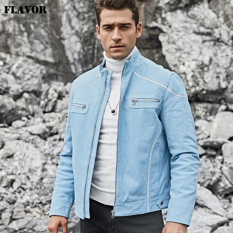 FLAVOR Men's Real Leather Jacket Men Pigskin Biker Leather Coat Blue Coat with Standing Collar
FLAVOR Men's Real Leather Jacket Men Pigskin Biker Leather Coat Blue Coat with Standing Collar