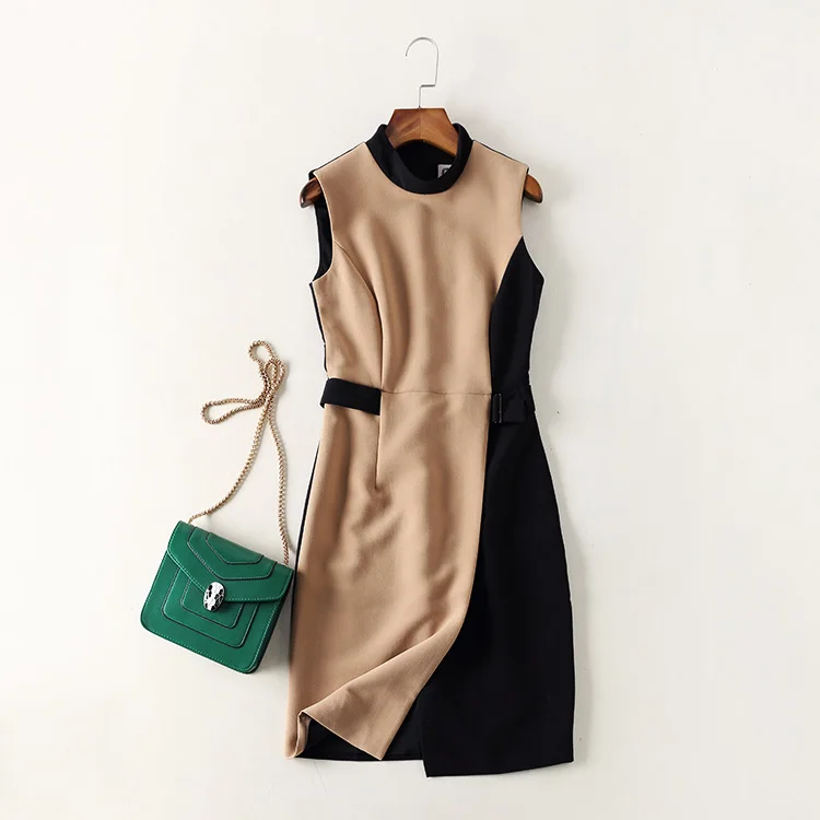 Image New 2017 spring summer fashion brief women office dress sleeveless turtleneck fitted sexy dresses color block plus size OL style