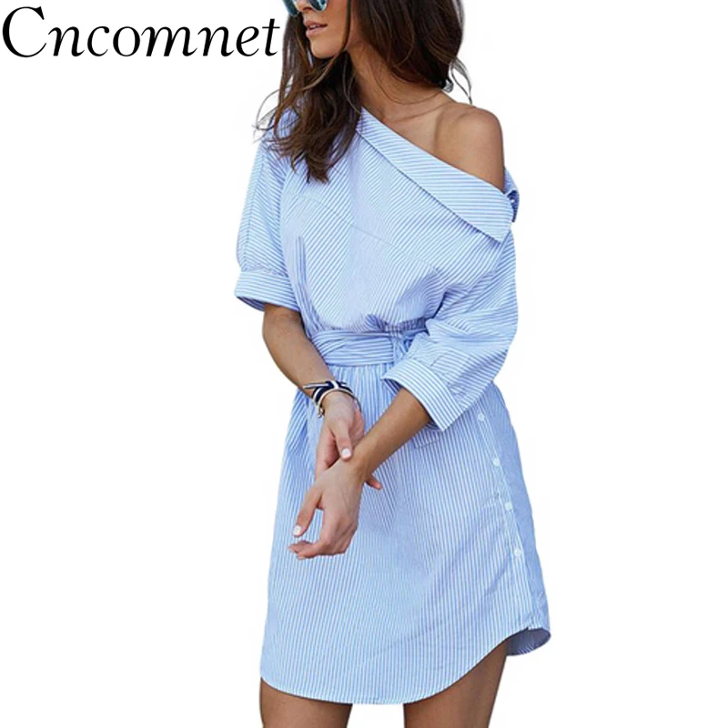 Summer One Shoulder Blue Striped Women Shirt Dresses Sexy Side Split Elegant Puff Sleeve Waist band Beach Dress Female Vestidos
Summer One Shoulder Blue Striped Women Shirt Dresses Sexy Side Split Elegant Puff Sleeve Waist band Beach Dress Female Vestidos