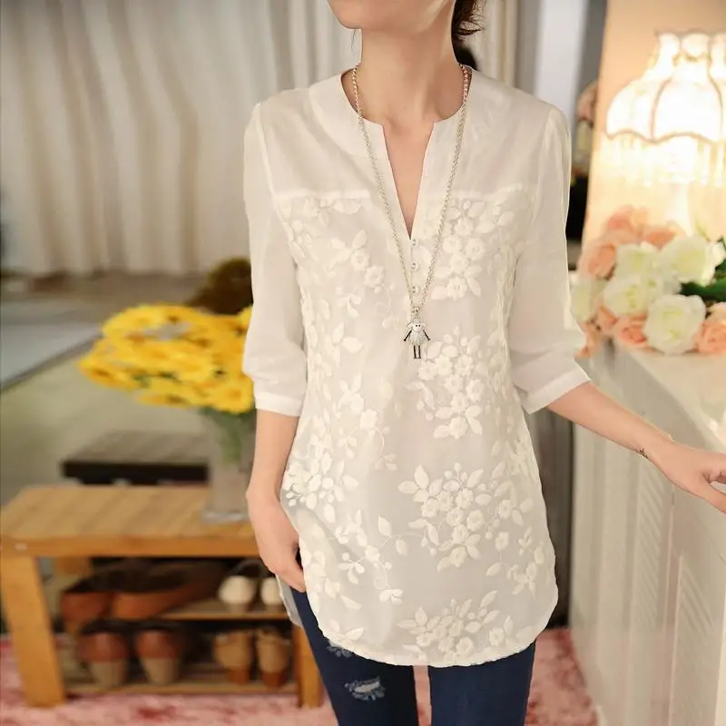 2019 New Summer Korean Women Blouse Flower Print Blouse V-neck Organza Embroidered Shirt White Lace Blouse 566F 25
2019 New Summer Korean Women Blouse Flower Print Blouse V-neck Organza Embroidered Shirt White Lace Blouse 566F 25