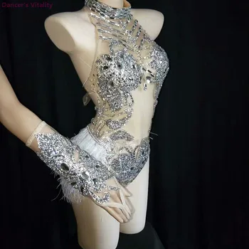 Rhinestone bodysuit Sparkly Silver Crystals Mesh Bodysuit Feather Leotard Outfit Women Bar Dance Stage Party Dance Costume Dress
Rhinestone bodysuit Sparkly Silver Crystals Mesh Bodysuit Feather Leotard Outfit Women Bar Dance Stage Party Dance Costume Dress