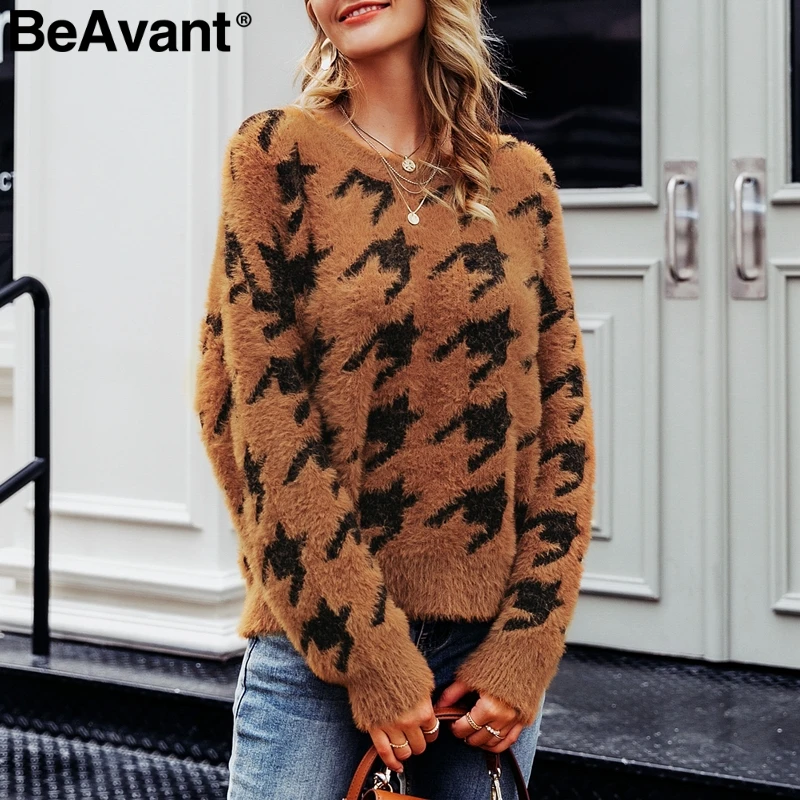 BeAvant Houndstooth knitted mohair sweater women Casual soft female winter pullovers jumper O-neck autumn ladies sweaters 2019
BeAvant Houndstooth knitted mohair sweater women Casual soft female winter pullovers jumper O-neck autumn ladies sweaters 2019