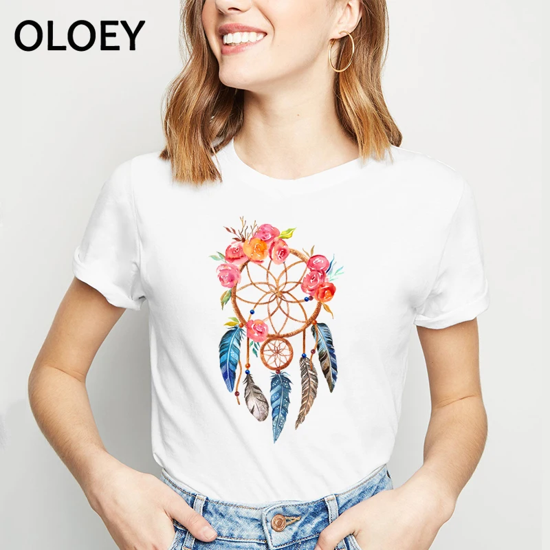 Dream Catcher Women T-shirt Feathers Flower Printed Female white t shirt Aesthetic Short Sleeve Tops Camisetas Mujer Clothes
Dream Catcher Women T-shirt Feathers Flower Printed Female white t shirt Aesthetic Short Sleeve Tops Camisetas Mujer Clothes