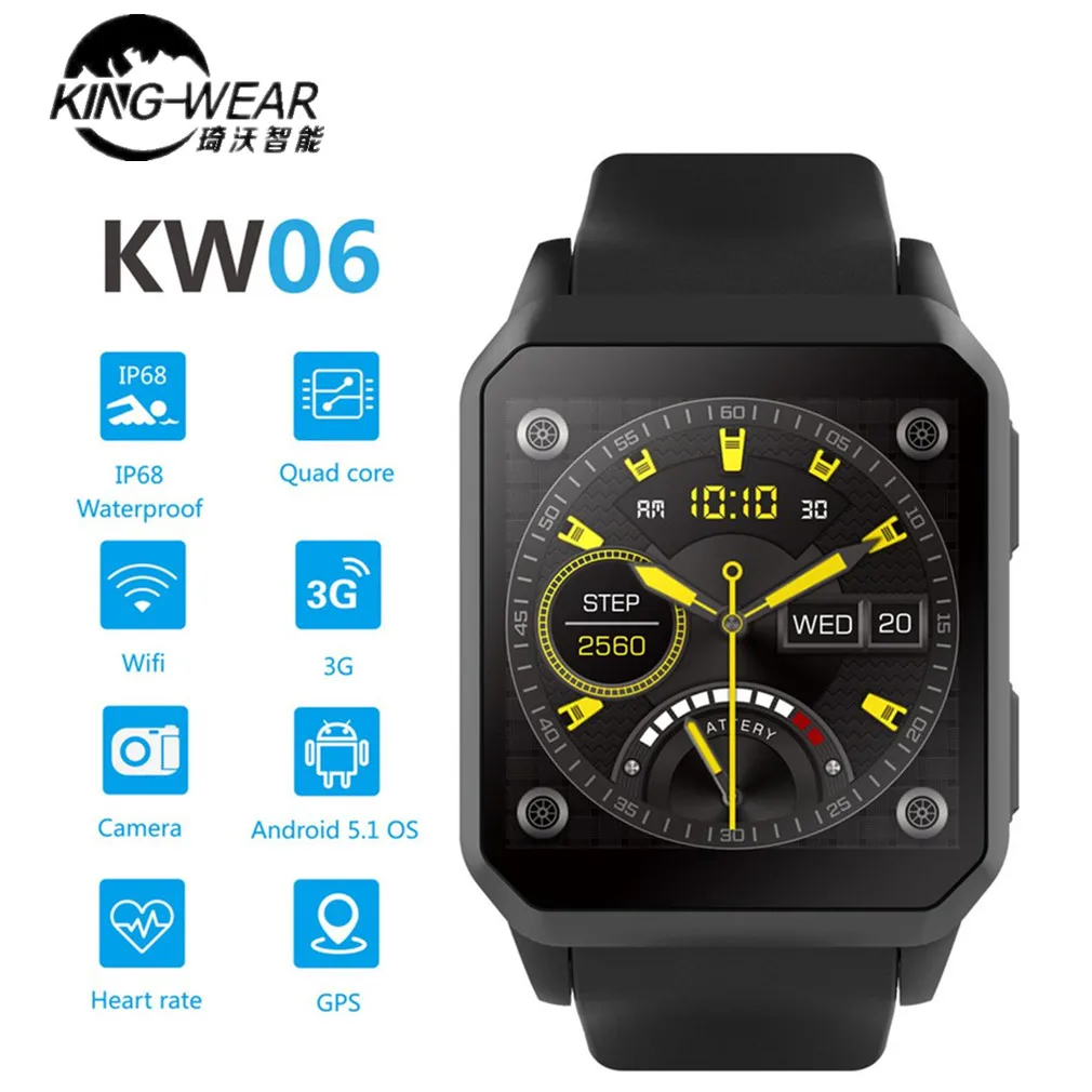 

KINGWEAR KW06 Smart Watch 1.54 Inch MTK6580 Quad Core 1.3GHZ Android 5.1 3G Smart Watch 460mAh 0.3 Mega Pixel Heart Rate Monitor