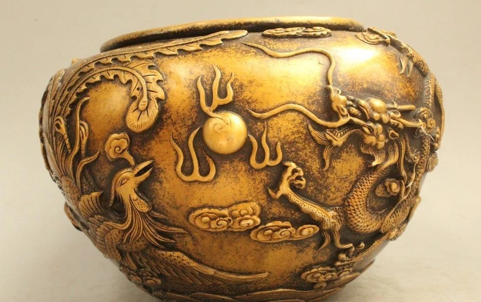 8" Old Chinese Bronze Lucky Dragon Phoenix Bird Play Bead Pot Jar Crock Censer