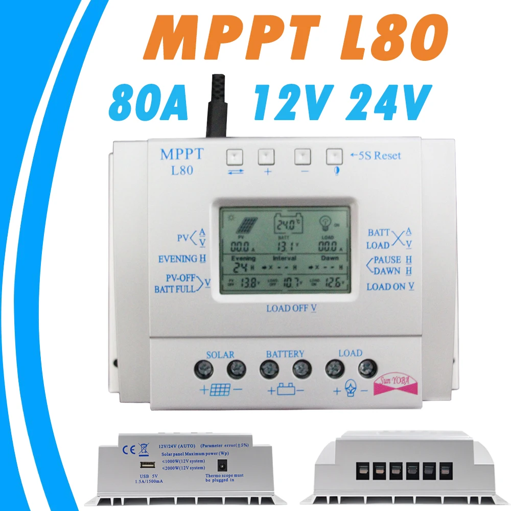 80A Solar Charger Controller USB 1.5A 5V Output 12V 24V LCD Solar Panel Regulator with Load Timer and Light Control for Lighting
80A Solar Charger Controller USB 1.5A 5V Output 12V 24V LCD Solar Panel Regulator with Load Timer and Light Control for Lighting