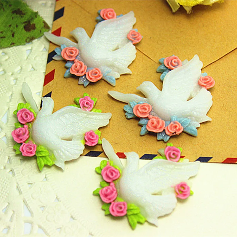 Image wholesale 40pcs lot 33*31mm cute resin dove bird flatback cabochon for diy phone decoration,free shipping
