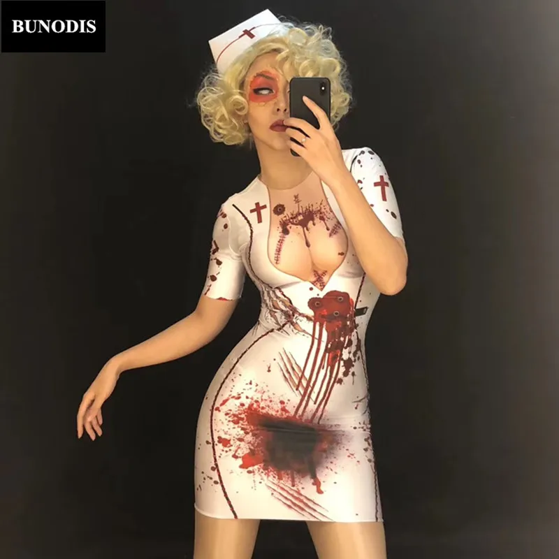 ZD361 Hallowmas Clothed Women Sexy Nurse White Short 3D Printed Bloodstain Personality Costumes Nightclub Party Stage Wear 
ZD361 Hallowmas Clothed Women Sexy Nurse White Short 3D Printed Bloodstain Personality Costumes Nightclub Party Stage Wear