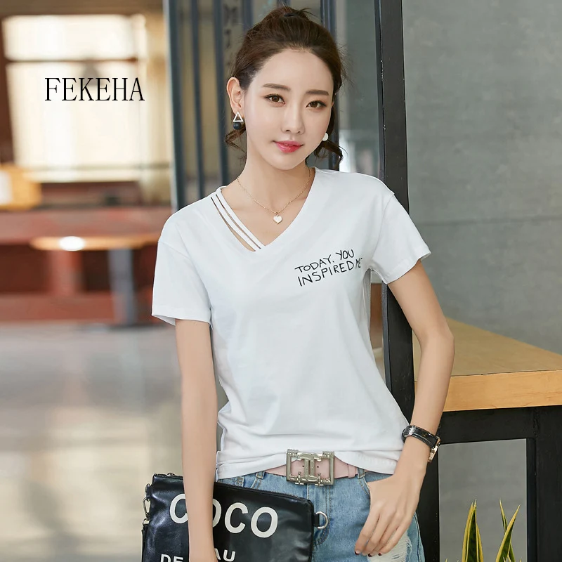 FEKEHA White Black T Shirt Women Letter Print Plus Size Summer Tops 2019 Cotton V-Neck Ladies T-Shirt Casual Tee Femme
FEKEHA White Black T Shirt Women Letter Print Plus Size Summer Tops 2019 Cotton V-Neck Ladies T-Shirt Casual Tee Femme