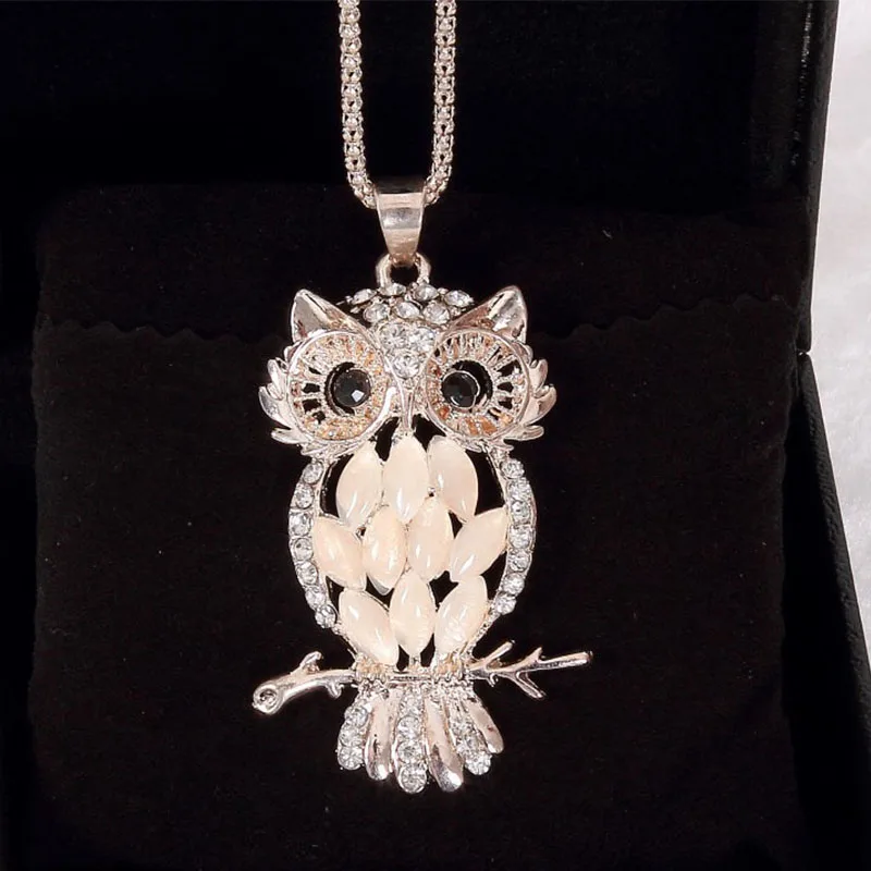 

LNRRABC Charming Rhinestones Alloy Opal Pendant Women Lady Girl Owl Pendant Necklace Long Sweater Necklace Drop Shipping