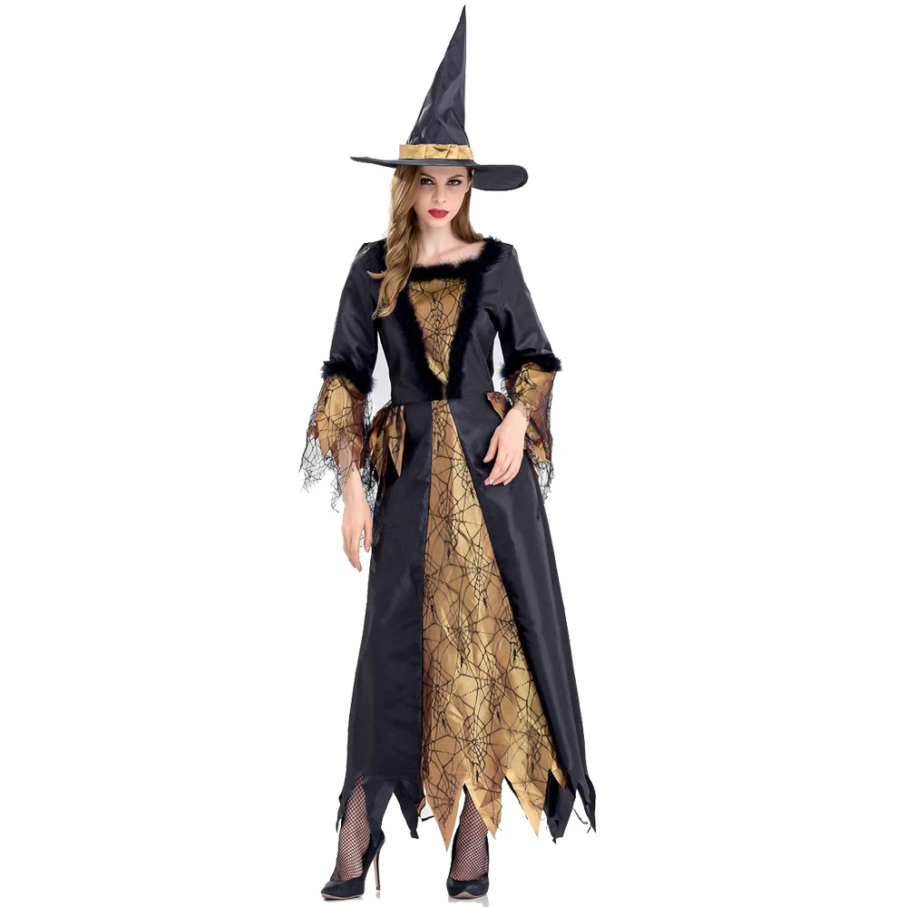 

Black Gold Spider Witch Costume Women Sorceress Cosplay Adult Fancy Dress disfrace Halloween Party Costumes