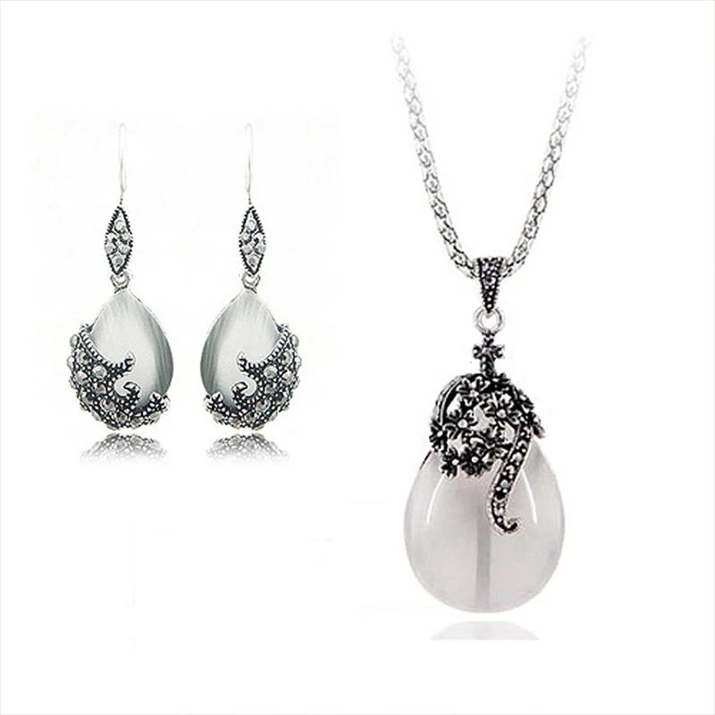 Luxury Vintage Silver Cat Eyes Water-Drop Necklace Earrings Sets Rhinestones Quality Jewellery New Arrival Jewelry Sets 
Luxury Vintage Silver Cat Eyes Water-Drop Necklace Earrings Sets Rhinestones Quality Jewellery New Arrival Jewelry Sets